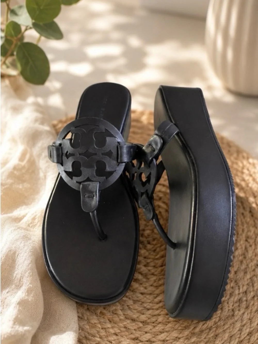 Tory Burch Black Miller Round Logo Thong Sandals